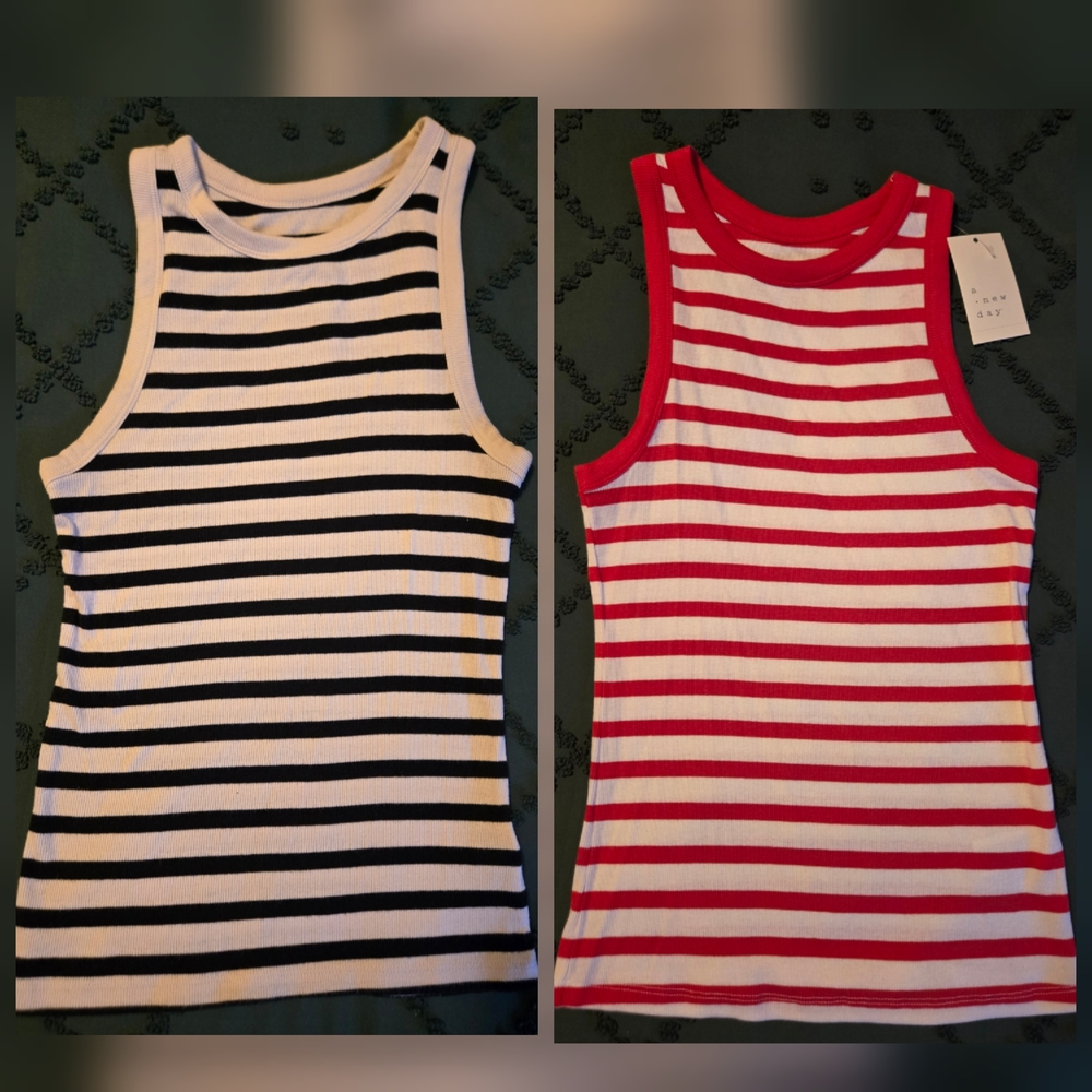 TWO Striped Women's Tank Tops Black & Red & White